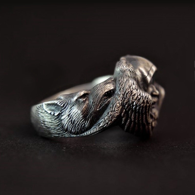 Fancyqube Cincin Desain Serigala Mitologi Odin Raven Bahan Alloy Gaya Vintage Nordic Untuk Pria