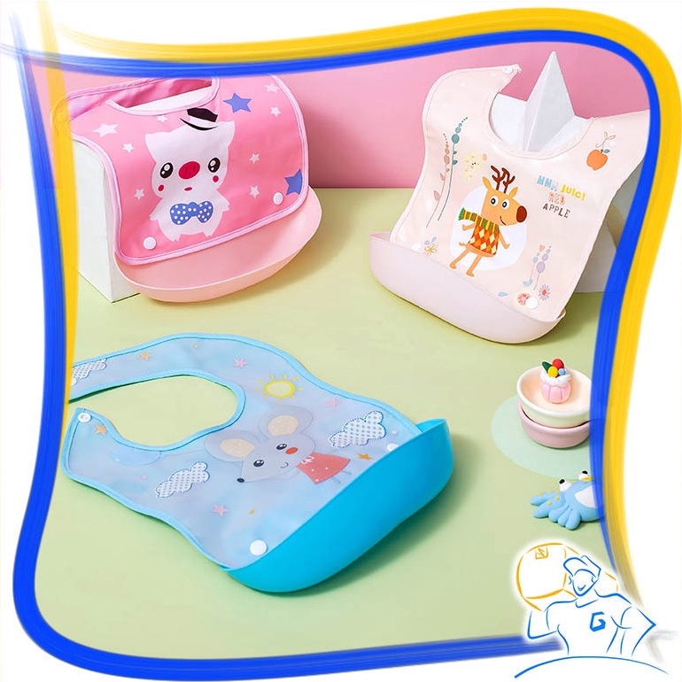 Celemek Makan Bayi Anti Air Lucu Slaber Silicon Waterproof Baby Bib