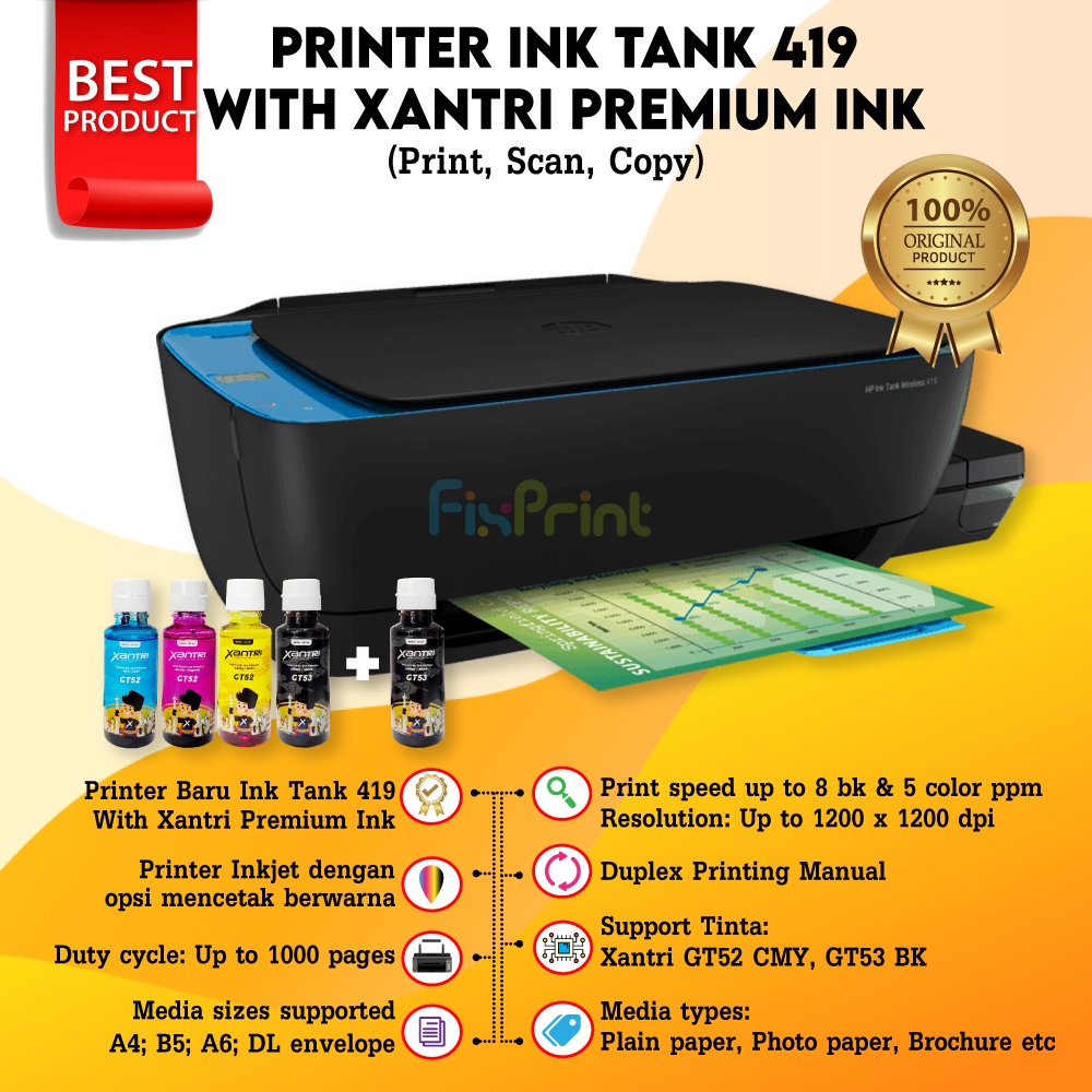 Printer HP Ink Tank 419 Wireless All in One Print Scan Copy New