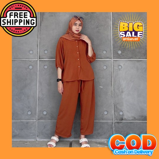 Baju Setelan Korean Style Remaja Muslim_ Ootd Kekinian Setelan Wanita  Setelan Crinkle Airflow / Set