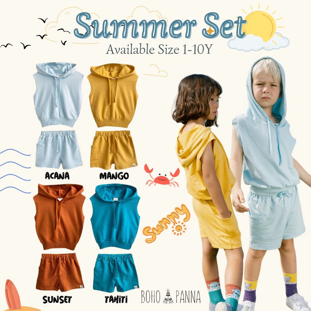 BOHOPANNA Summer Set 1-10 Tahun Setelan Hoodie Kutung Anak Unisex CBKS