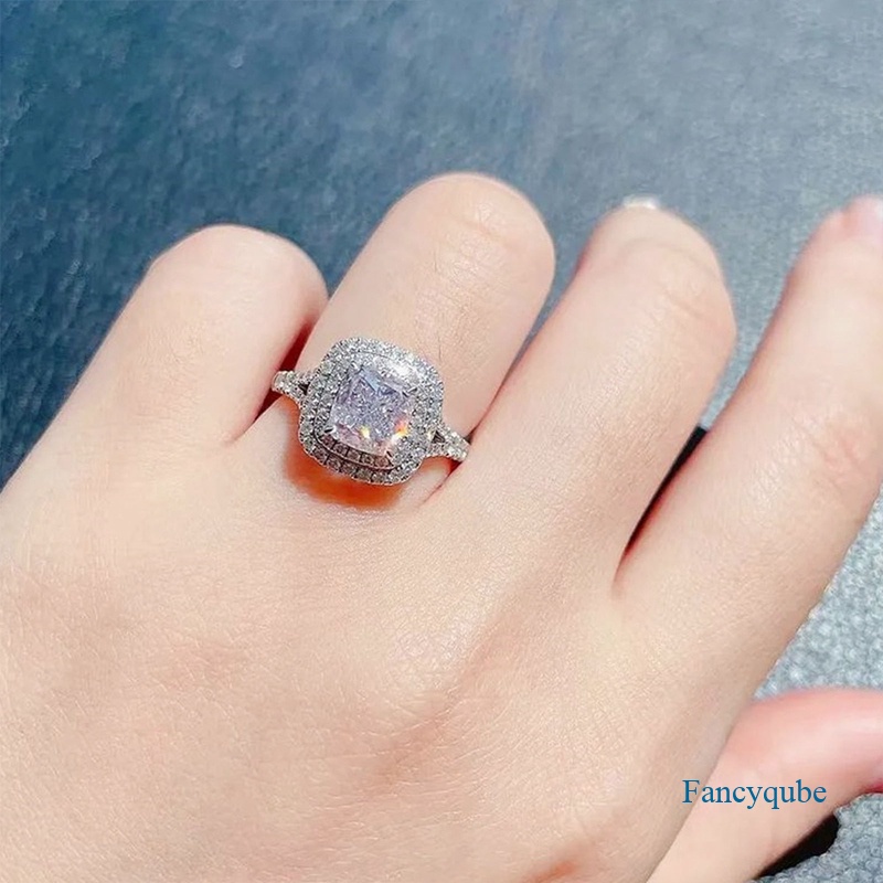 Fancyqube Cincin Pernikahan Warna Silver Bentuk Potongan Bantal Bahan Cubic Zirconia Untuk Wanita
