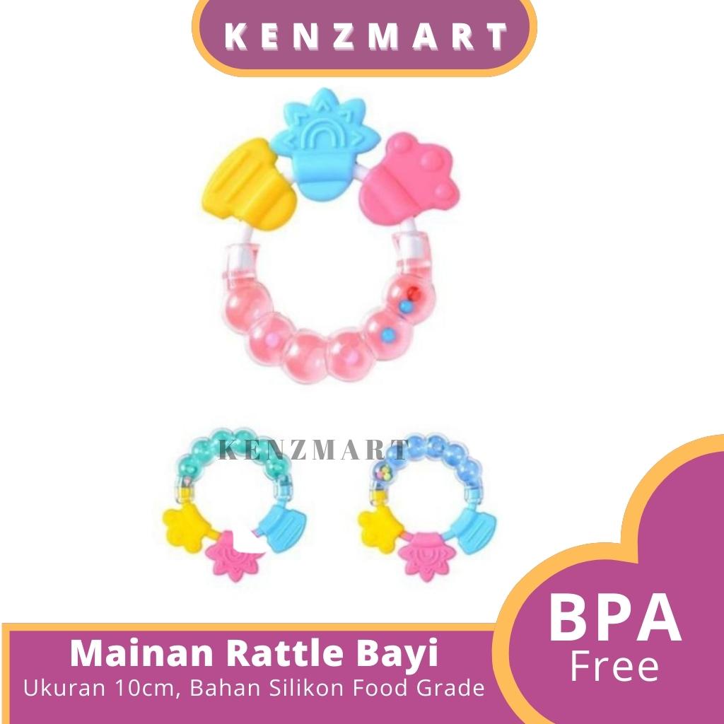 Mainan Rattle Genggam Bayi Gigitan Empeng Buah Plastik dengan Teether Gigitan Kerincing Kerincingan