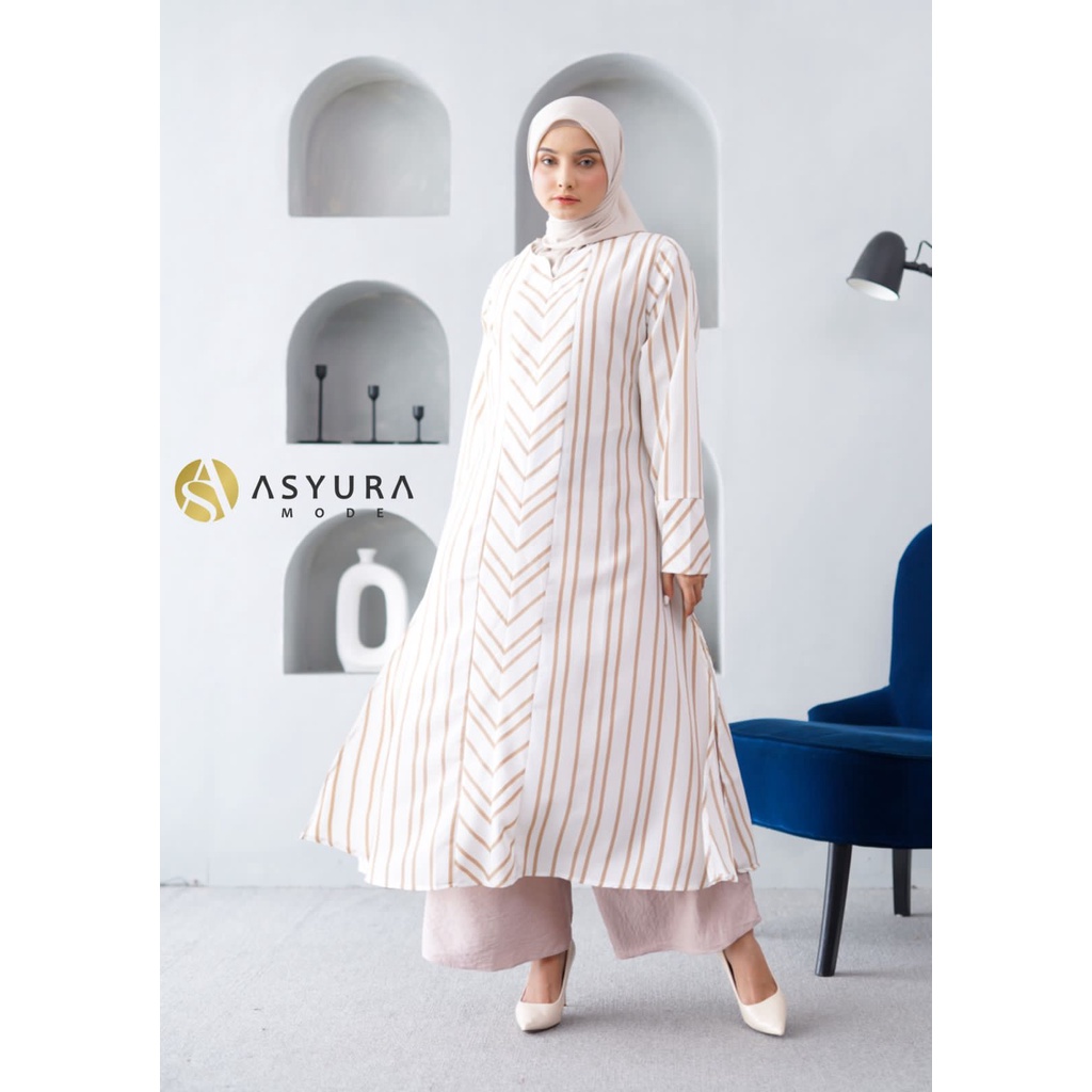 Dress  Elena Set Atasan Tunik Resleting belakang dan bawahan Kulot (Cotton Salur+ baby Linen)