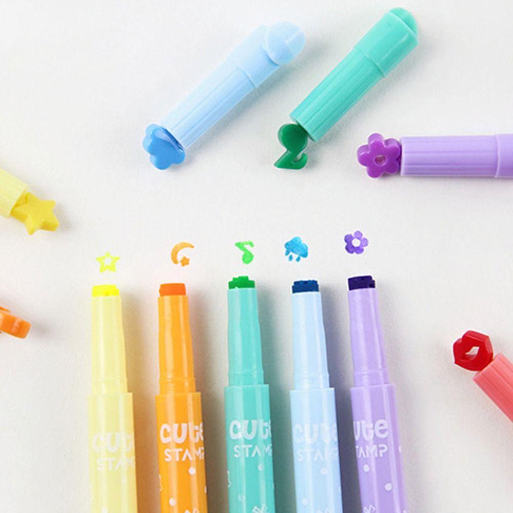 Lanfy Pulpen Stabilo 6Pcs/Set Lukisan Protable Untuk Siswa Spidol Set Alat Tulis Kantor Bunga Segel Hati Tip Untuk Akun Manual Bolpen Neon