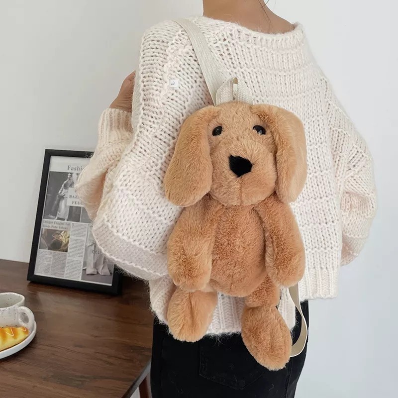 Tas anjing bulu lucu imut gemoy Ransel Wanita Baru Boneka Mewah Ransel Kasual Tas Kepribadian Kartun anjingTas B2305