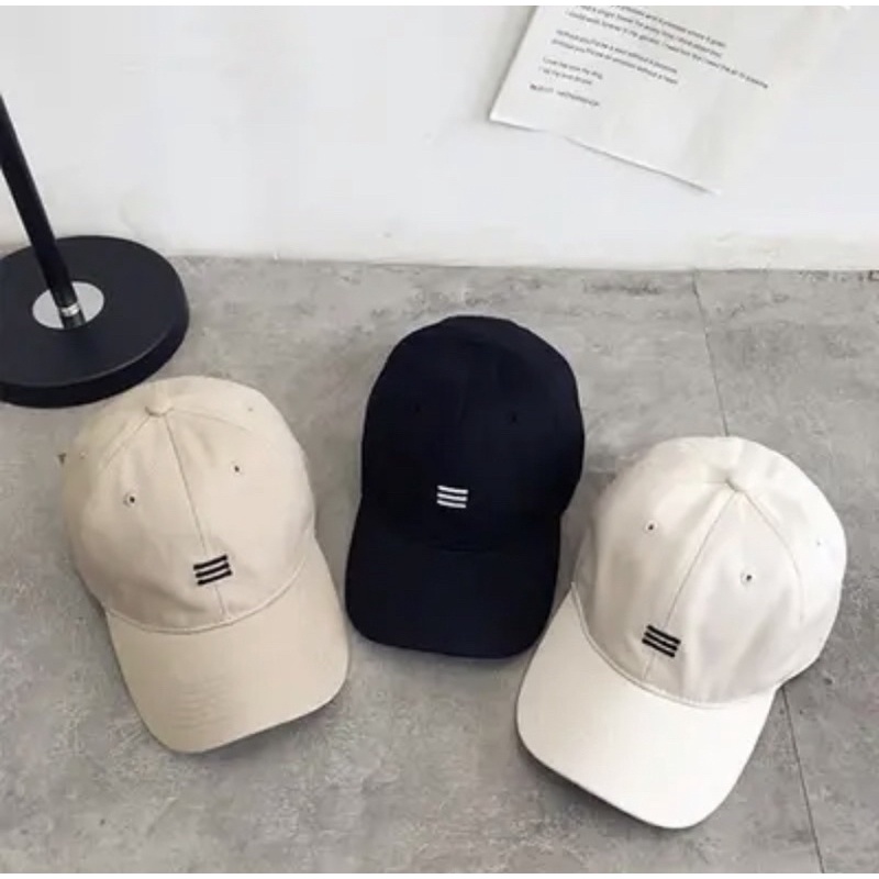 COD Topi Baseball Garis Tiga / Topi Pria Wanita Topi Polos Hitam Putih Cream Tapi Olahraga Topi Dril