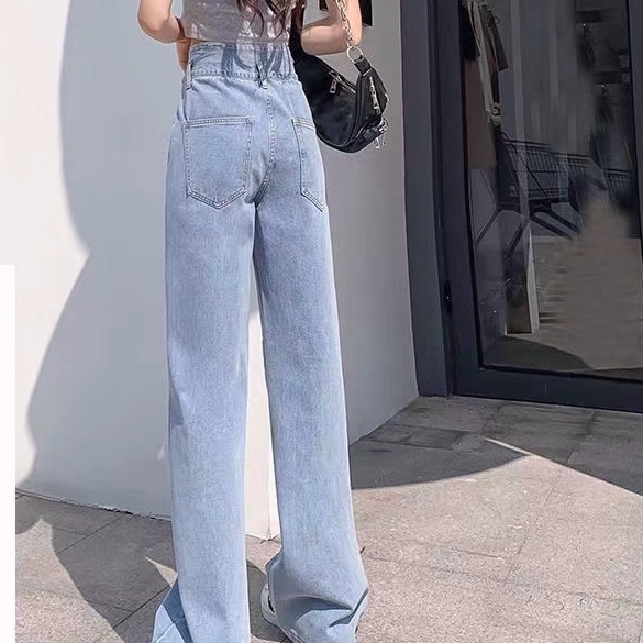 Celana Jeans Panjang straight Lurus Wanita Highwaist kulot  Korea style loose biru muda jens denim  longgar kekinian fit wide leg cewe Jumbo size 5xl