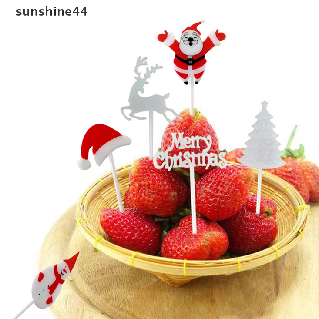 Sunshine 10Pcs Garpu Buah / Dessert Mini Bentuk Santa Claus / Rusa / Pohon Natal