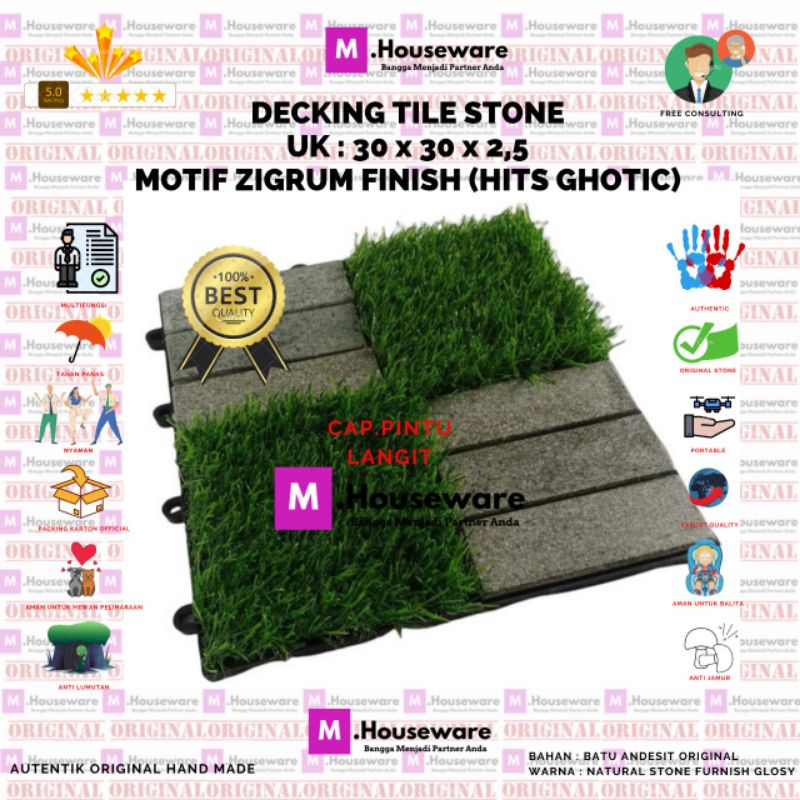 Lantai Batu Andesit Motif ZIGRUM BATU Zigzag Mix Rumput / Decking Tile Portable Stone batu alam