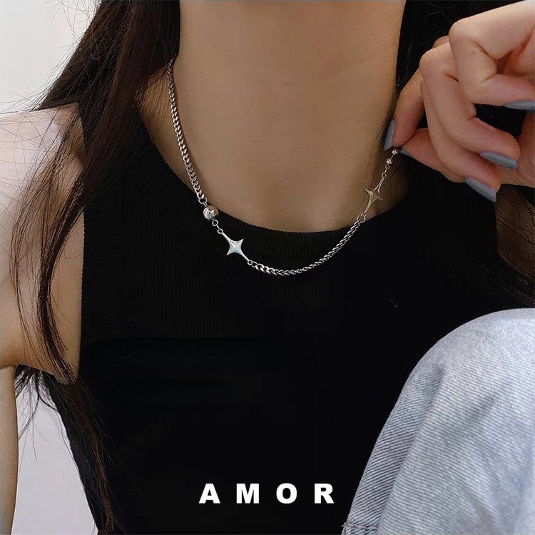 Kalung Rantai Bahan Stainless steel Desain Bintang Mosaic Ukuran Kecil Gaya Hip Hop Untuk Wanita 2022