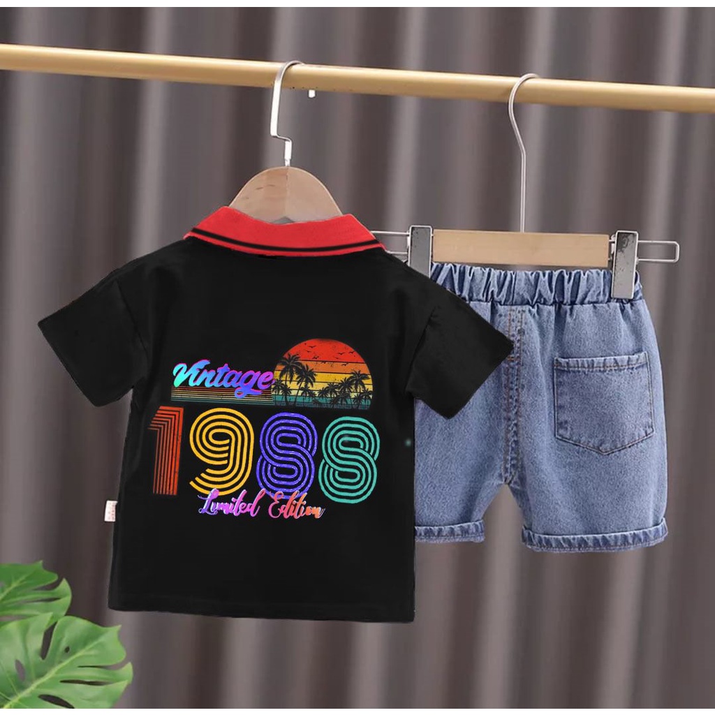 BISA COD JUAL SETELAN ANAK-ANAK USIA 1-5 TAHUN BERMODEL POLO MOTIF TULISAN VINTAGE 1988 - BAHAN BAJU POLO KATUN CELANAN DENIM - FASHION ANAK PEREMPUAN DAN LAKILAKI SIMPLE TRANDY TERLARIS KELUARAN TERBARU