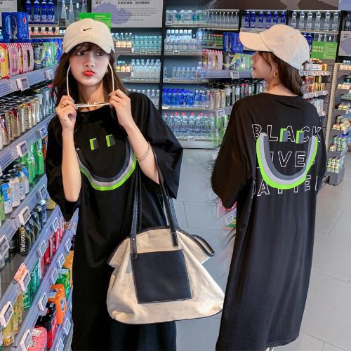 [littlecrab] Dress Kaos Oversize Bentuk Smile Black Live Matter Hitam Putih Neon Smily Baju Terusan Panjang Santai Simple Unik Elegan Berkualitas Emoticon Senyum Lengan Pendek Korean Style