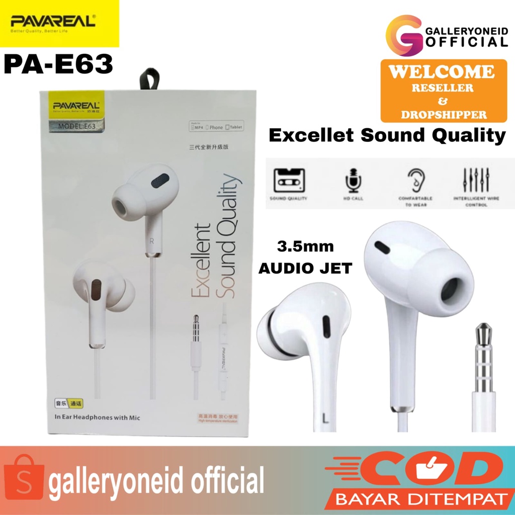 Pavareal PA-E63 Headset Earphone Jack Audio 3.5mm Handsfree Super Bass Aksesoris Handphone Hp GALLERYONE gallery one