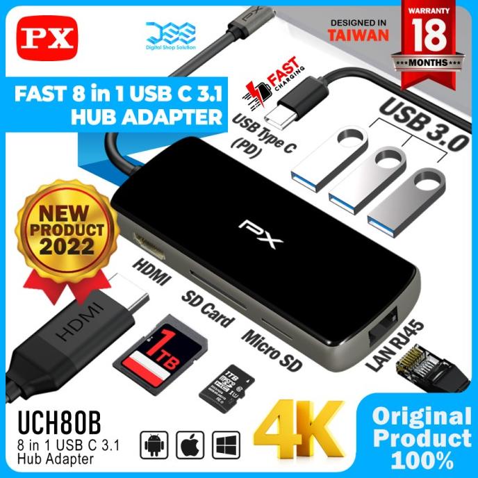 USB Hub Type C 3.1 to HDMI USB LAN Macbook Laptop 8 in 1 PX UCH80B always ready