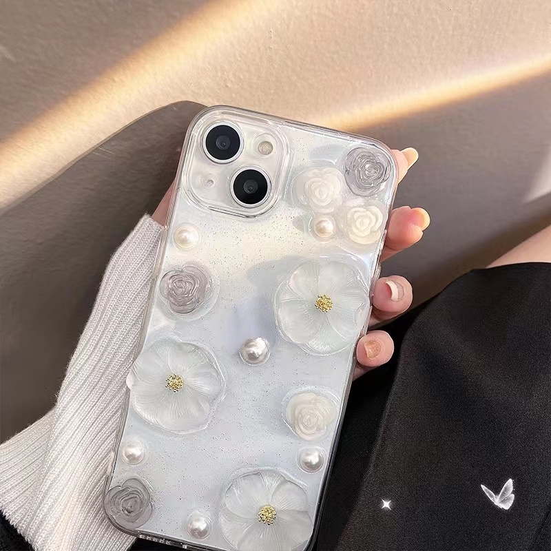 Soft Case TPU Motif Bunga Mutiara 3D Untuk IPhone 14 Pro Max 13 12 11 Pro Max X XR 8 7 Plus