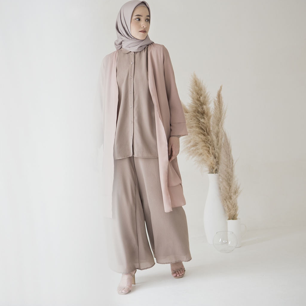 Kandira by Aska Label - Outerwear wanita panjang tipis double layer warna hitam bahan crepe warna hitam, pink, biru