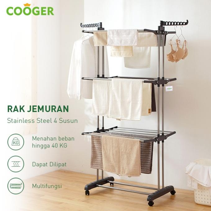 COOGER Rak Jemuran Baju Stainless Steel Rak Jemuran Handuk 4 Susun