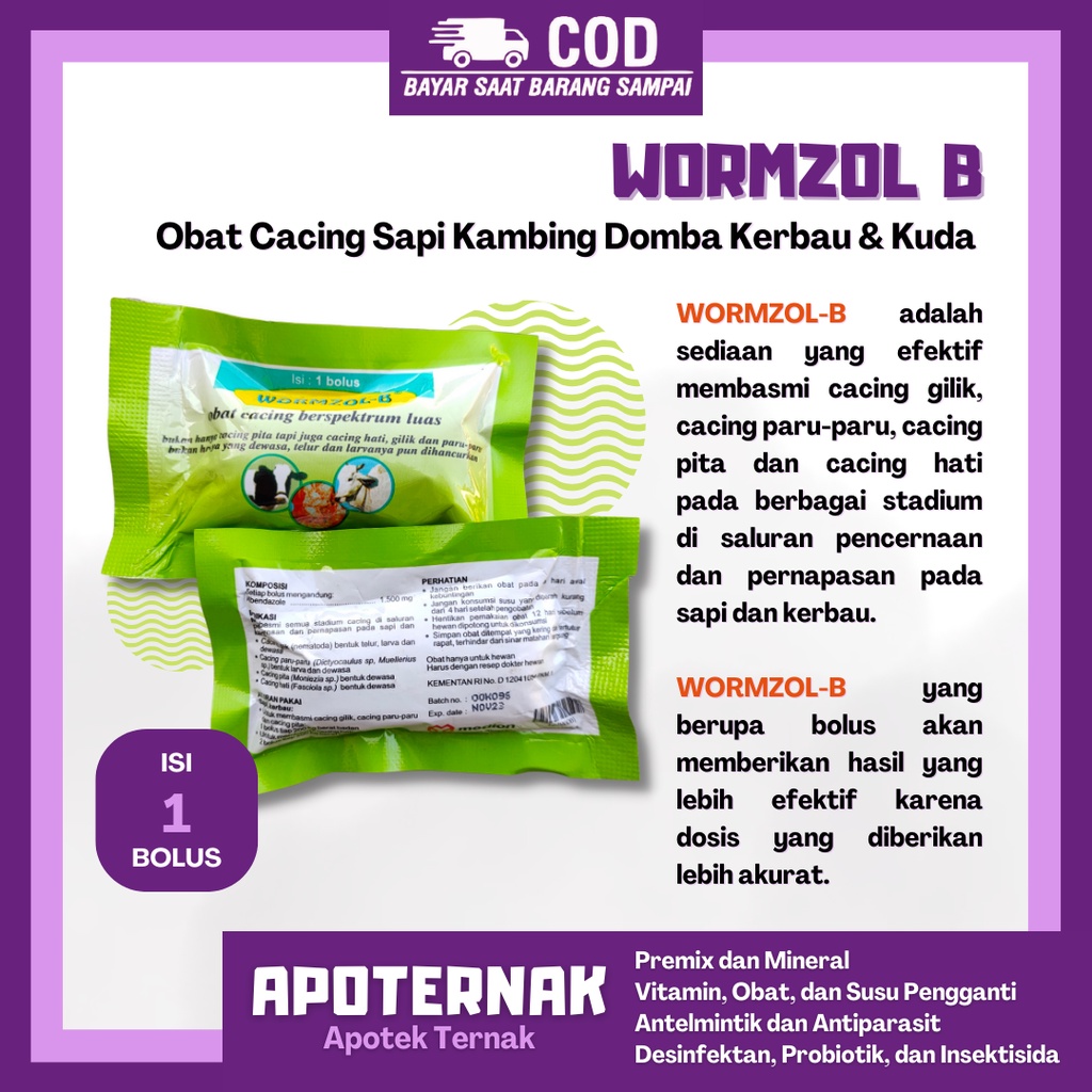 WORMZOL B sachet isi 1 Bolus | Obat Cacing Cacingan Sapi Kambing Domba Kerbau Kuda Kurus | MEDION | Apoternak