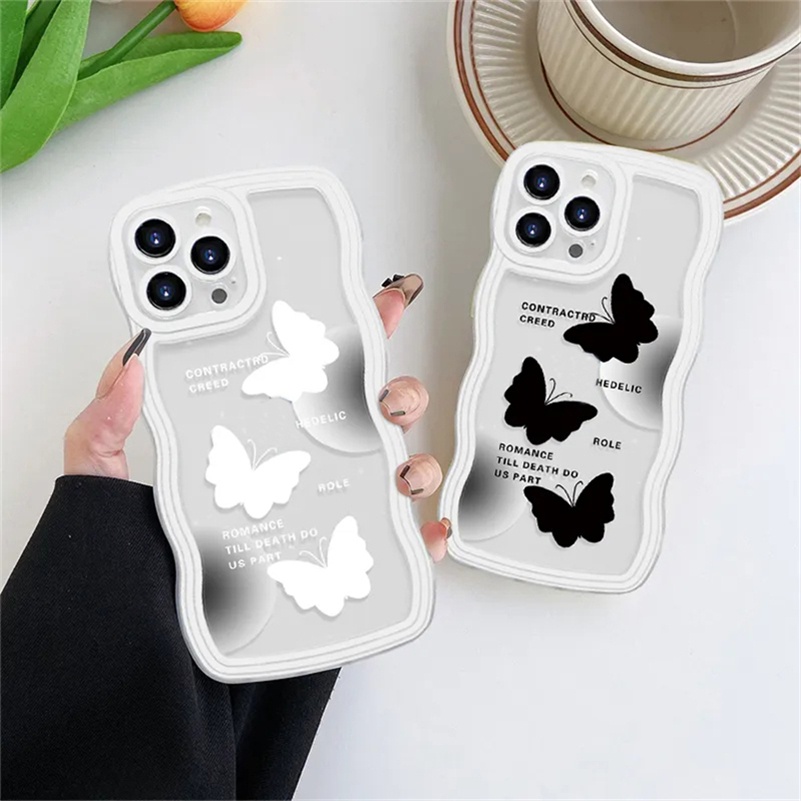 Soft Case Karet Tebal Shockproof Motif Kupu-Kupu Hitam Putih Untuk iPhone 14 13 12 11 Pro Max X Xr Xs Max 8 7 6 6s Plus