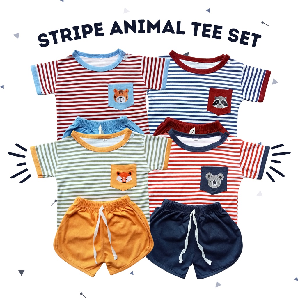 setelan playsuit anak kaos rumah adem baby 1-5 tahun unisex STRIPE ANIMAL TEE SET celana pendek pineapple kids