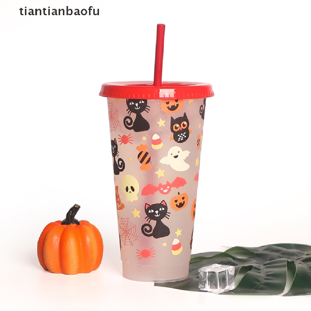 710ml Botol Air Minum / Jus / Kopi Bahan Plastik Ukuran Dengan Tutup + Sedotan Untuk Halloween