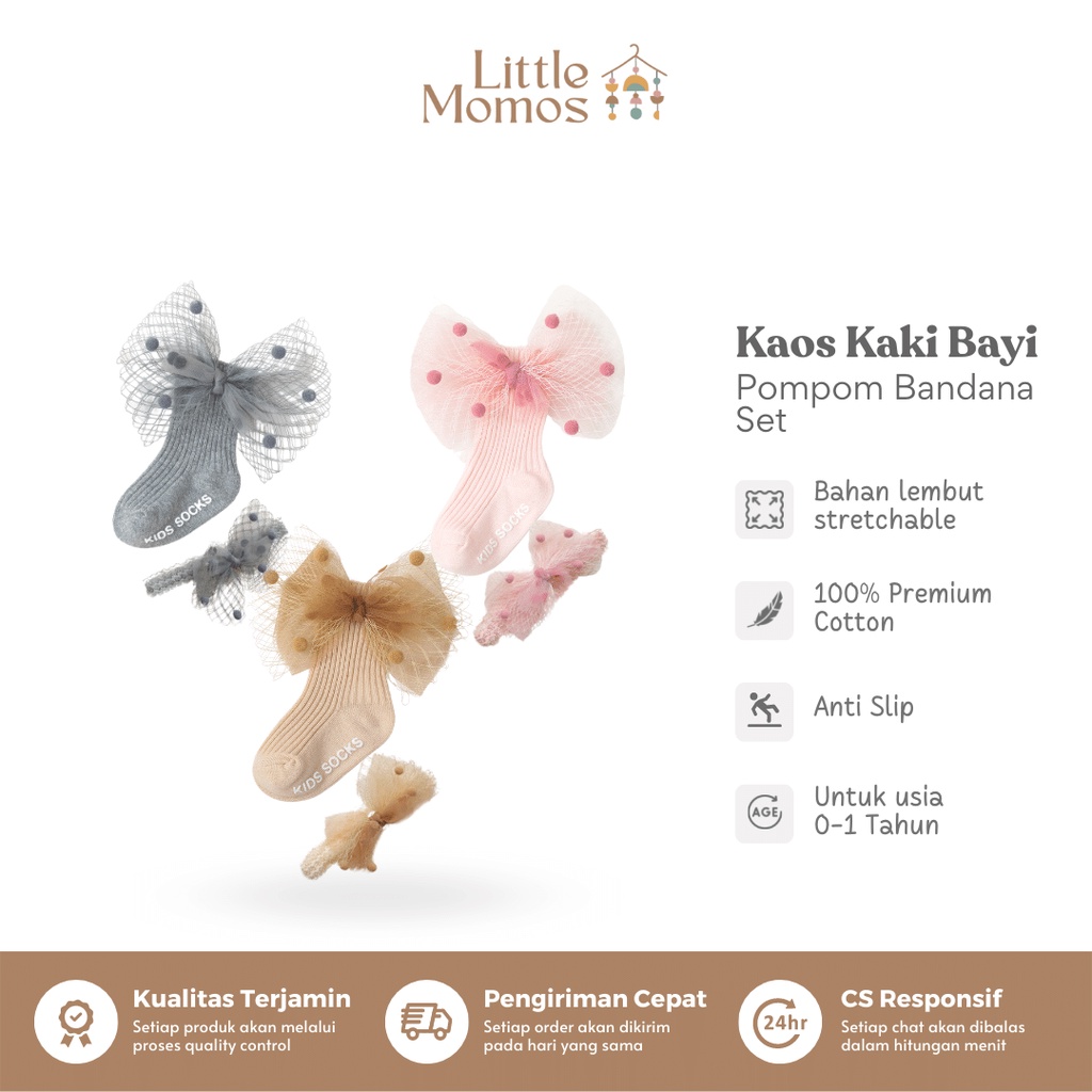 Little Momos Set Kaos Kaki Bandana PomPom Korean Style 0-1 Tahun / Bandana Set Premium / Gift Set For Newborn Hampers