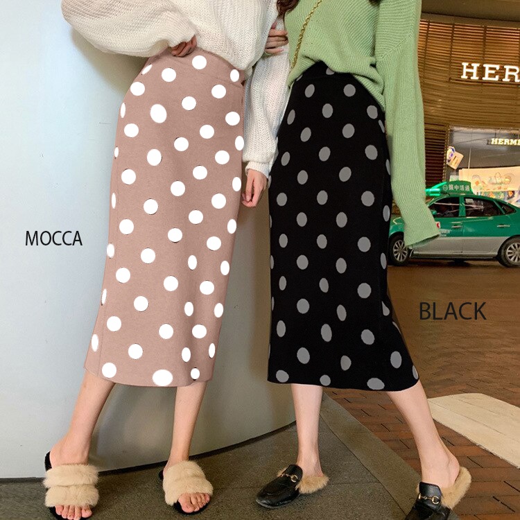 Jual (RJ-001) Rok midi skirt knit wanita motif bola polka dot (bahan ...