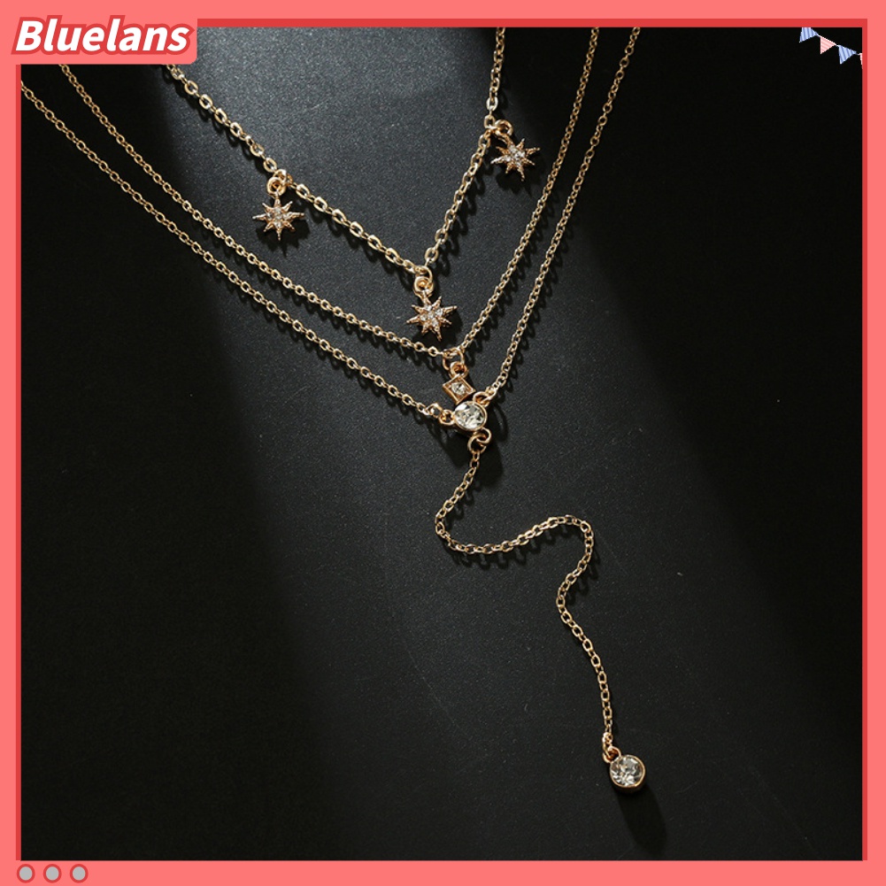 Kalung Choker Rantai Klavikula Banyak Lapis Liontin Bulan Aksen Berlian Imitasi Untuk Perhiasan Wanita