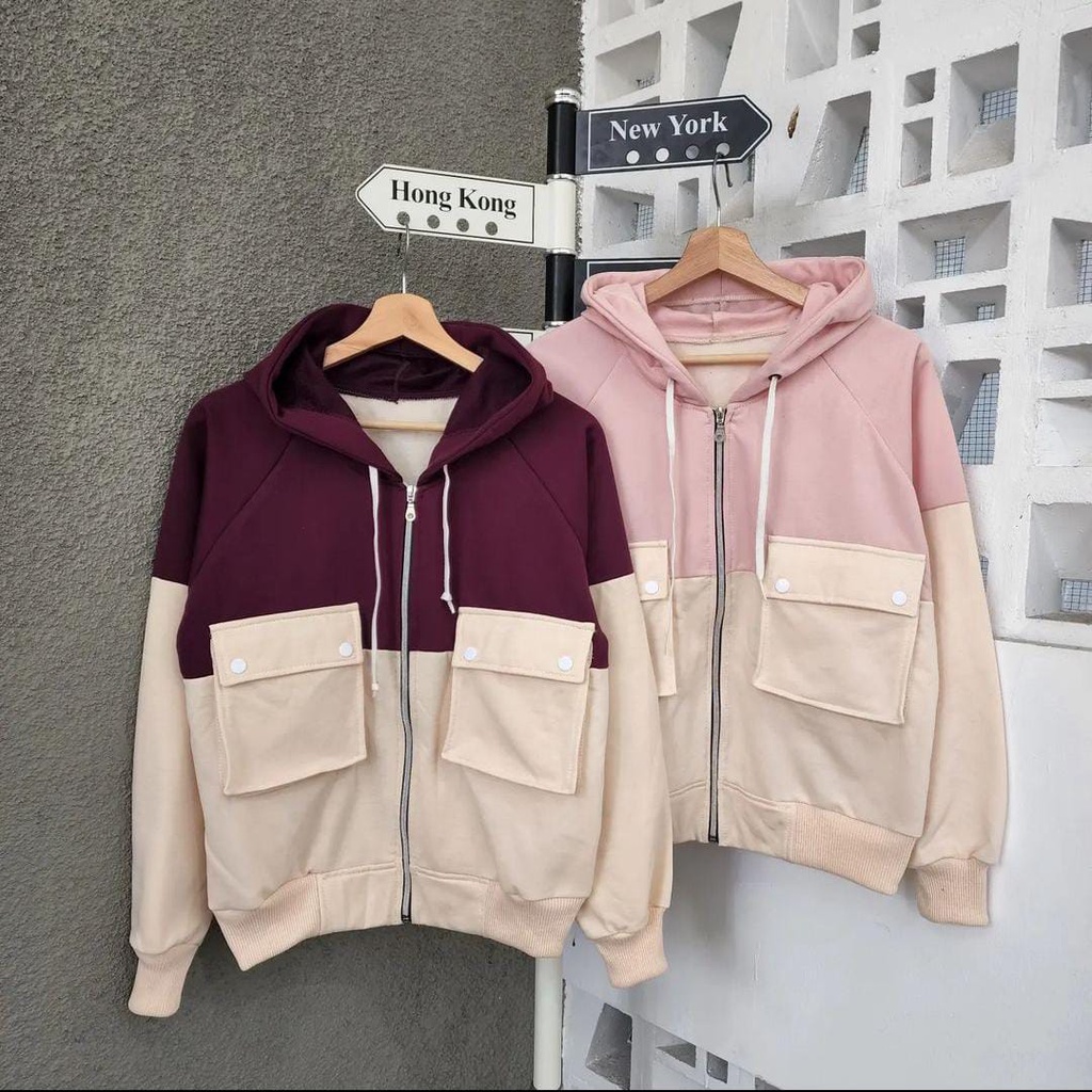 TWO TONE POCKET ZIPPER JACKET | JACKET WANITA BERTUDUNG VARIASI SAKU DAN SLETING (MRF)