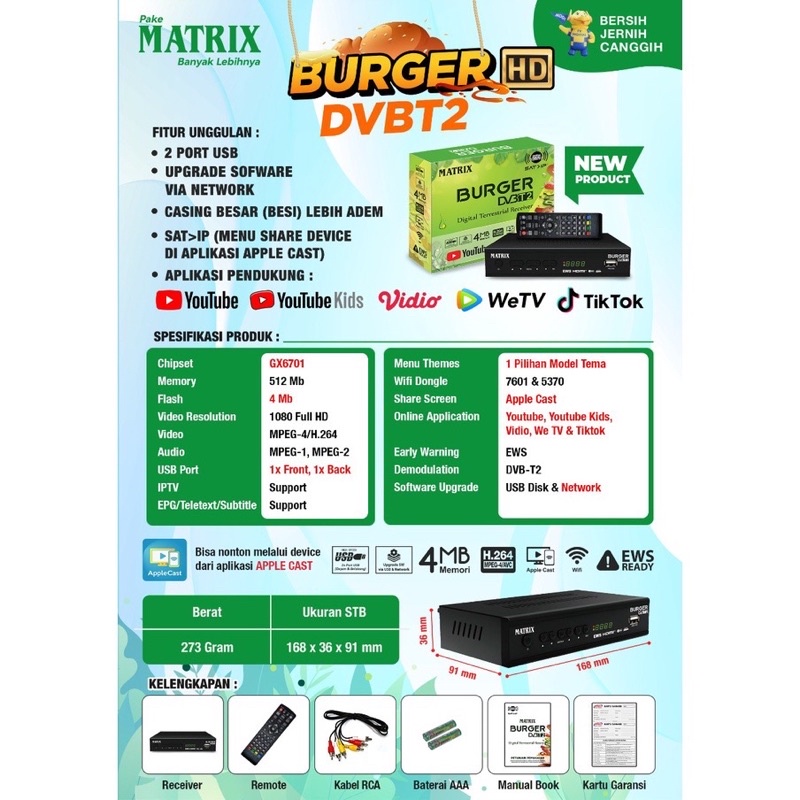 MATRIX SET TOP BOX DVBT2 ANTENA TV DIGITAL BURGER HIJAU