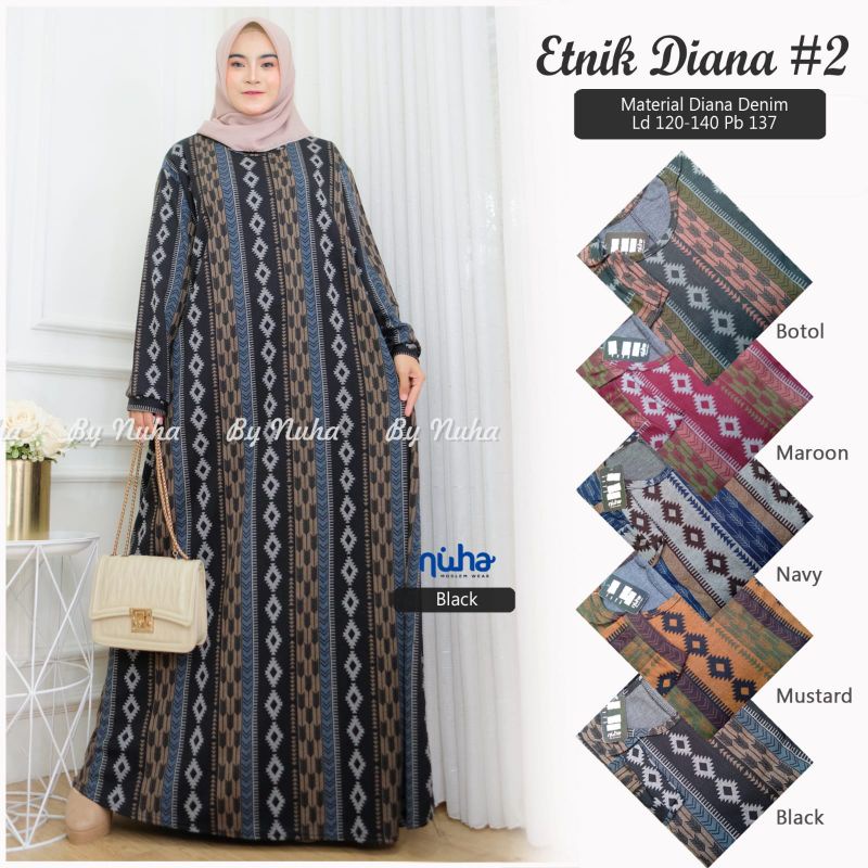 Gamis diana denim jumbo etnik diana 2 LD 120 bahan diana denim tebal super melar