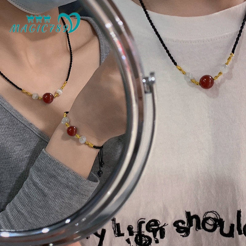 Magic789 Kalung / Gelang Tangan Tali Anyam Aksen Batu Agate Merah Untuk Pasangan / Pria / Wanita