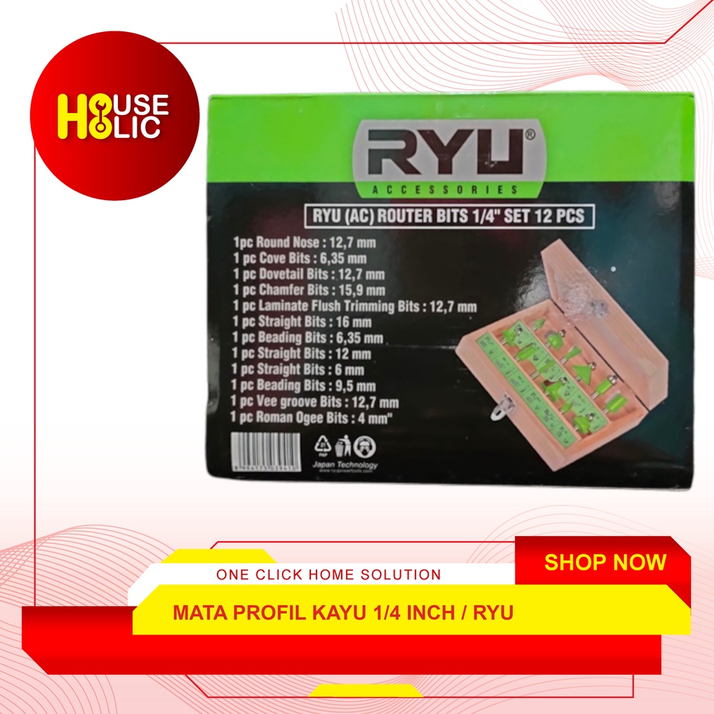 RYU Mata Profil Kayu Reuter Bits 1/4&quot; Set 12 Pcs / Router Trimmer Bit