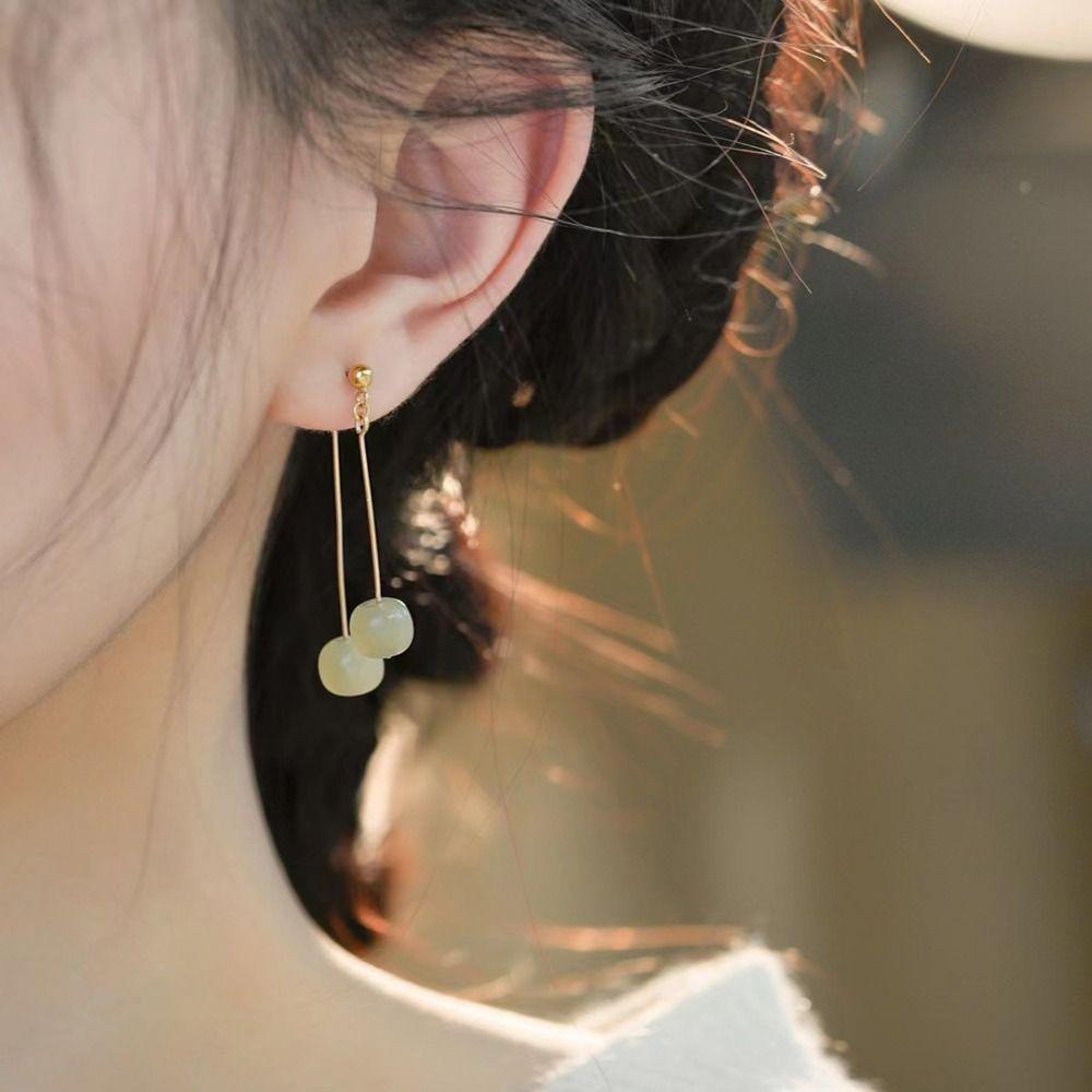 Needway  Wanita Menjuntai Anting Geometris Sederhana Imitasi Giok Gaya Kuno Tembaga Hanfu Aksesoris Fashion Hoop Earrings