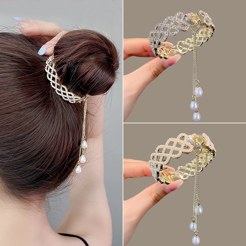 Jepit Rambut Ponytail Bahan Alloy Aksen Mutiara Berlian Imitasi Gaya Korea Untuk Wanita