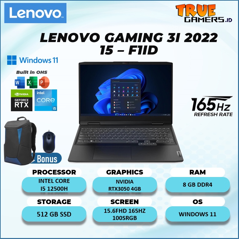 LENOVO GAMING 3I 15 RTX3050-4GB I5 12500H RAM8 GB 512SSD  WINDOWS10+OHS 15.6FHD IPS 165HZ 100SRGb