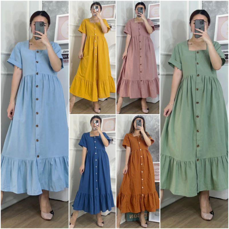 ⚡️CLEARANCE SALE ♡ PREMIUM ♡ ORIGINAL ! ELLEANORE VINTAGE BUTTON SQUARE NECK BOTTOM RUFFLE MIDI  DRESS ( BUSUI FRIENDLY )