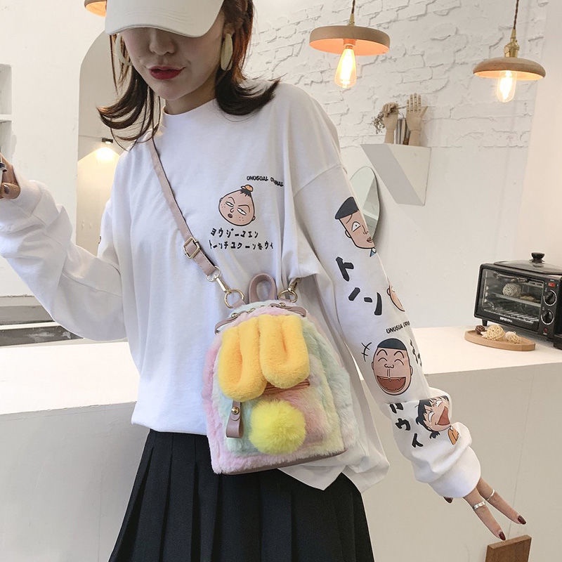✺☾❧Sera Tas Impor Wanita 2020 Baru Net Merah Telinga Kelinci Ransel Fashion Warna-warni Berbulu Ransel Lembut Lucu Kecil Tas Sekolah Pasang