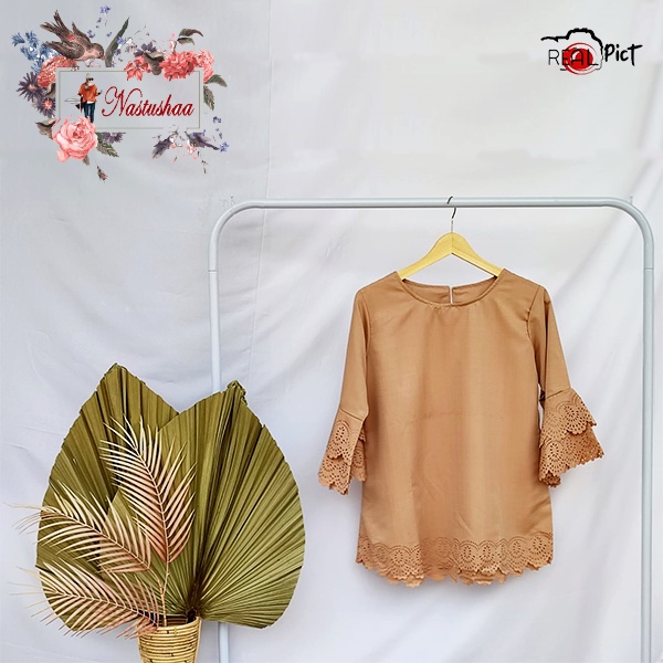 Blouse Wanita Lengan Terompet Susun Rampel Blus Atasan Cewek Model Laser cut Corak bunga Warna Soft Kekinian