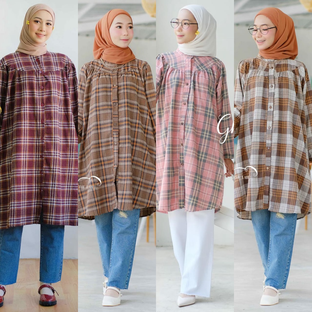 Nora Tunic By Ghaffa / Baju Atasan Tunik Wanita Jumbo Flanel Premium Motif Kotak Kotak Abstrak Korea