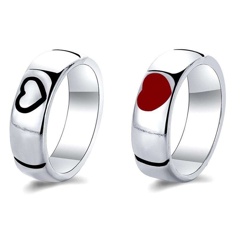 Fancyqube 1 Pasang Cincin Bentuk Hati Bahan Alloy Warna Silver Hitam Putih Untuk Wanita