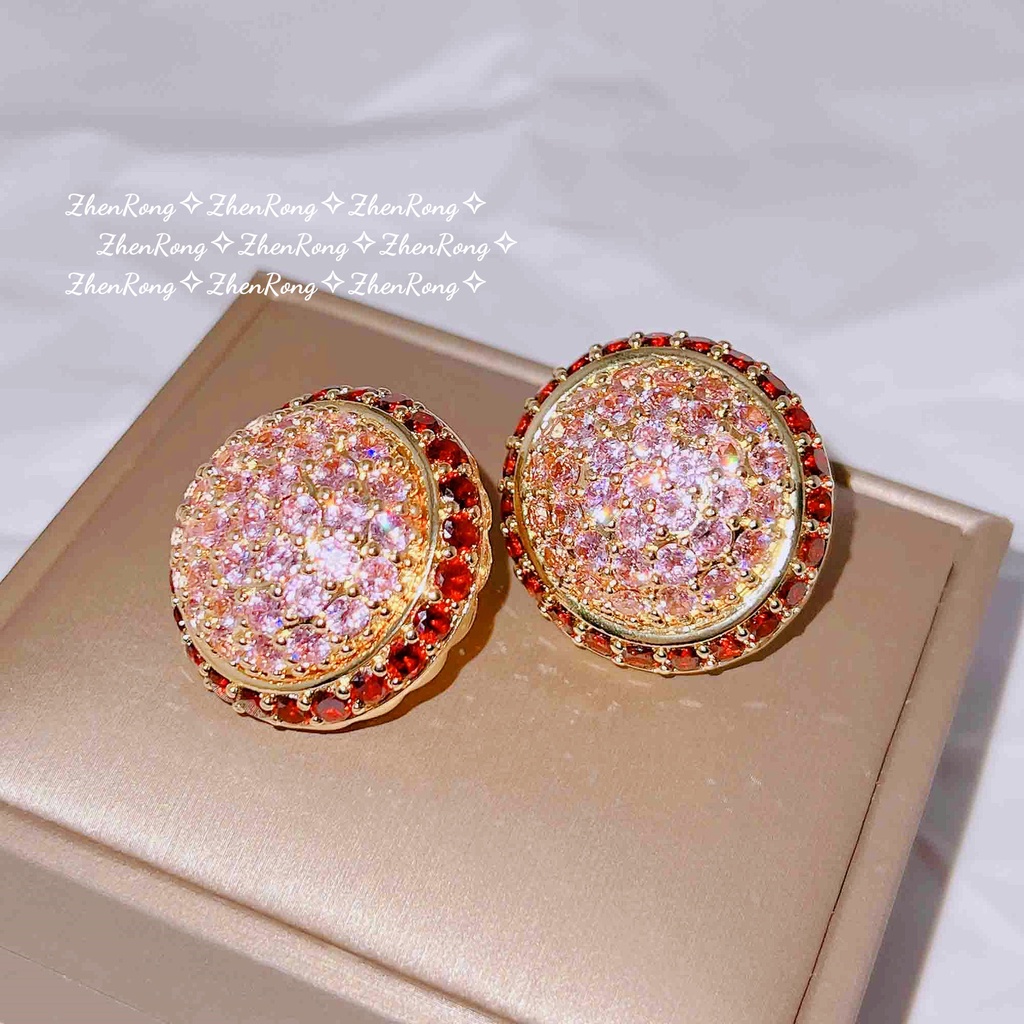 Goldkingdom Perhiasan Fashion Emas Asli Kadar 375 Bangkok Aksesoris Ready Stock Vintage Gaya Istana Prancis Berlian Merah Muda Terang Putaran Hemisphere Berlebihan Anting Pejantan Besar