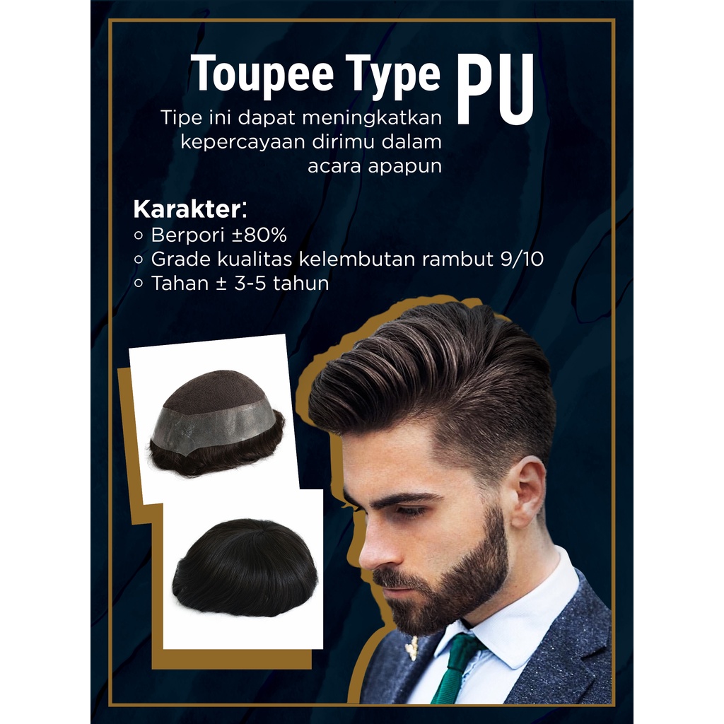 Hair toupee wig pria wanita rambut palsu original asli 100% remy human hair replacement ( PU )