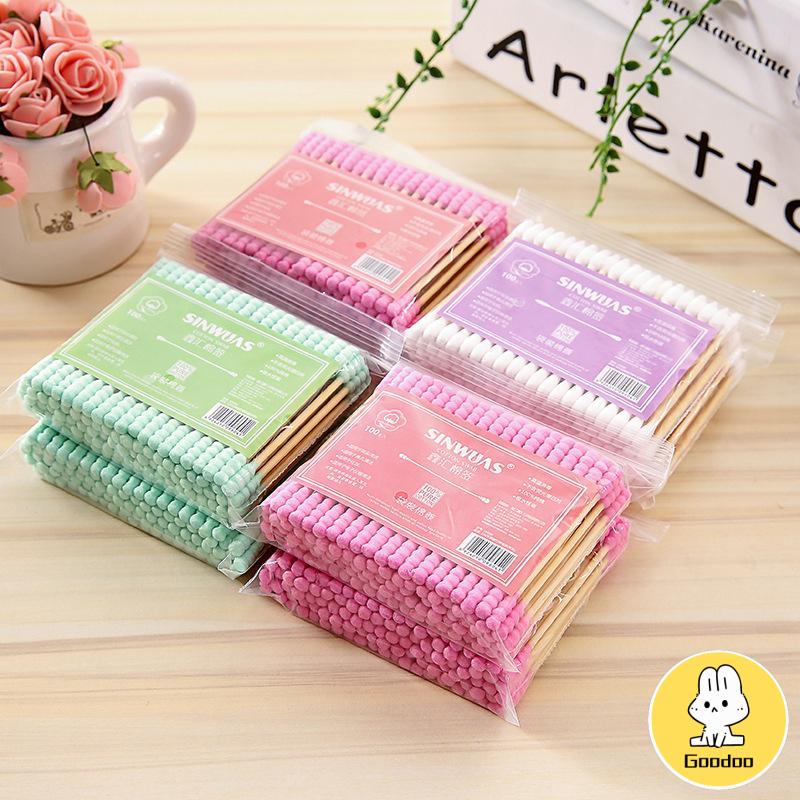 100pcs Cotton Swabs Pack Baby Thin Cotton Bud Berwarna Ganda-Spiral Ujung Kapas  Sanitary Cotton Swab Small -SO -Doo