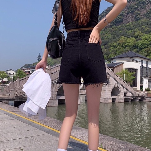 Celana jeans pendek wanita korea style hotpants denim hitam Abu-abu ripped short  high waist pinggang tinggi sobek cewe xl xxl perempuan jens