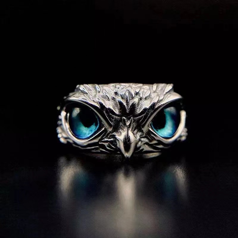 YEEZII Cincin Desain Mata Iblis Burung Hantu Warna Silver Untuk Pria