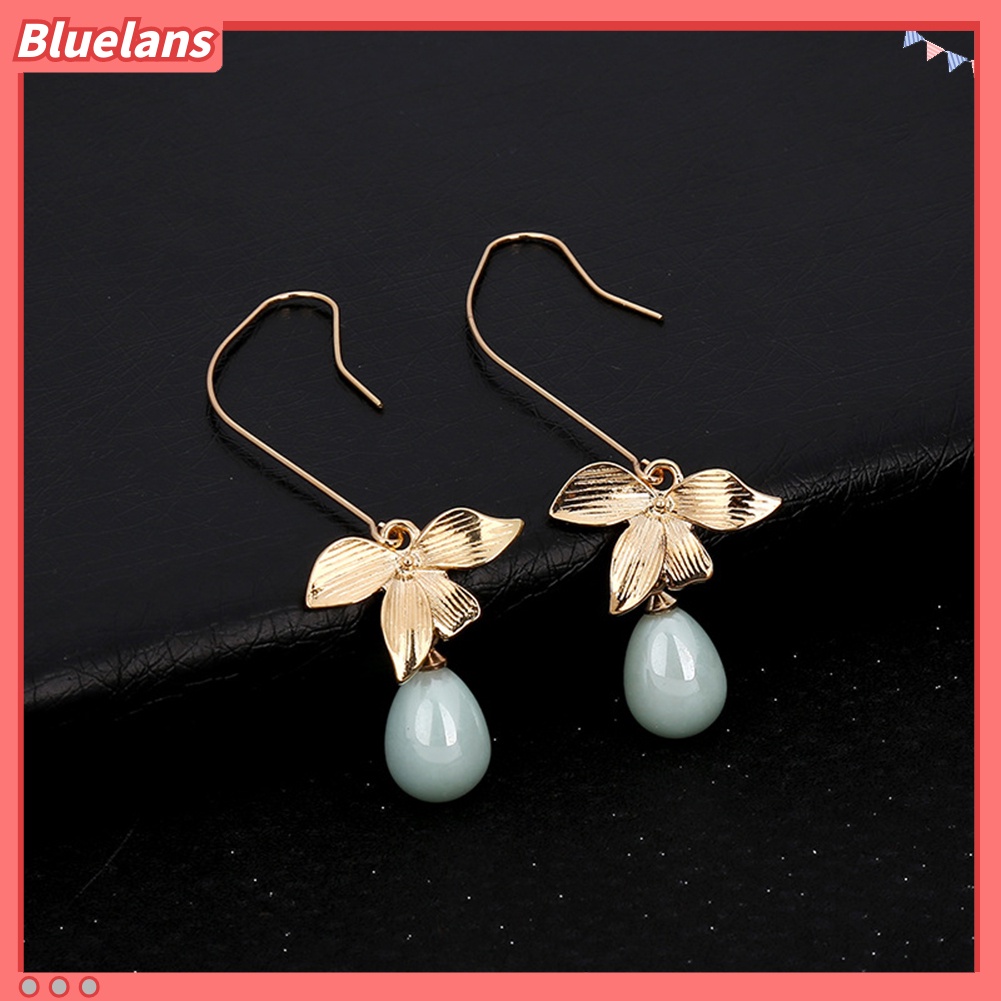 Bluelans Anting Kait Gantung Wanita Bahan Alloy Desain Daun Hias Mutiara Imitasi Untuk Hadiah