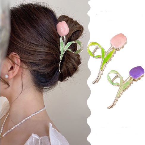 [8Ave] Aksesoris Rambut Jepit Rambut Jepit Claw Jedai Bunga Tulip Warna Glaze