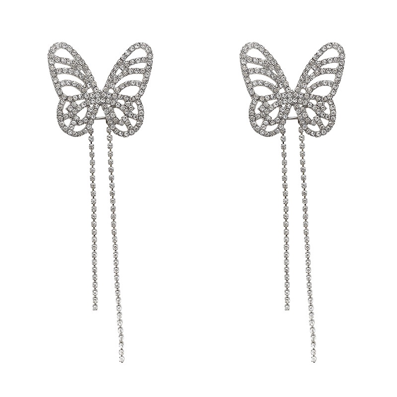Anting Stud Panjang Desain Kupu-Kupu Aksen Berlian Bahan 925 silver